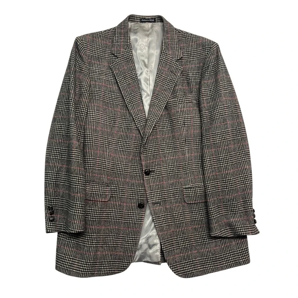 vtg Stafford 42R‎ Black White Red Glen Plaid Tweed Blazer Jacket Sport Coat USA